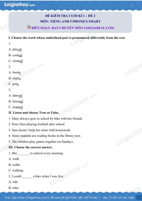 Đề thi học kì 1 Tiếng Anh 5 Phonics Smart - Đề số 2